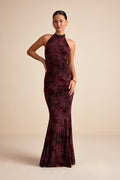 Sitara Burgundy Abstract Jersey Burnout Velvet Halter Maxi Dress