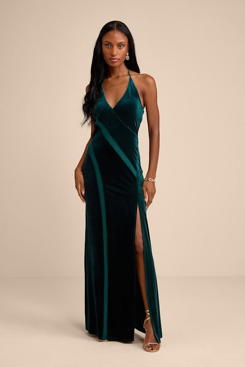 Maxwell Dark Green Velvet Halter Maxi Dress