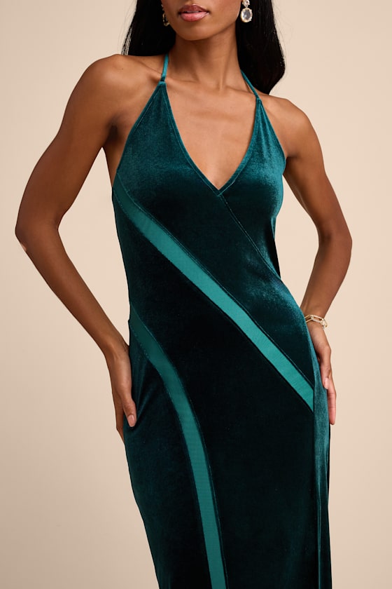 Maxwell Dark Green Velvet Halter Maxi Dress
