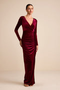 Yasna Burgundy Velvet Ruched Surplice Long Sleeve Maxi Dress
