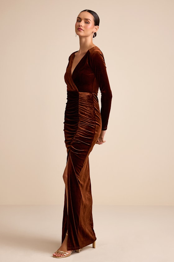 Yasna Brown Velvet Ruched Surplice Long Sleeve Maxi Dress