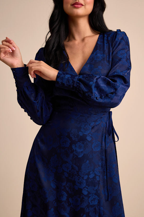 Maryn Navy Satin Jacquard Wrap Maxi Dress