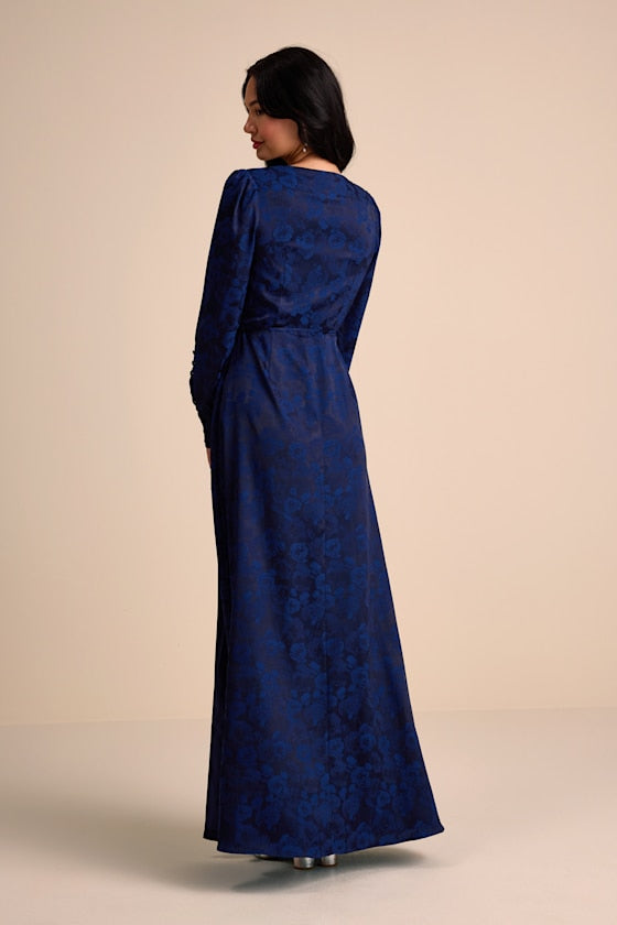 Maryn Navy Satin Jacquard Wrap Maxi Dress