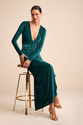 Demaline Emerald Velvet Striped Backless Maxi Dress