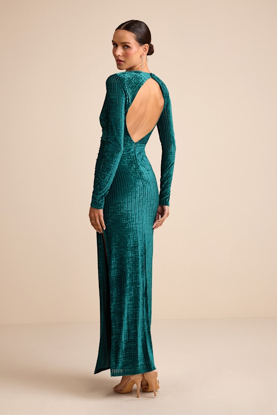 Demaline Emerald Velvet Striped Backless Maxi Dress