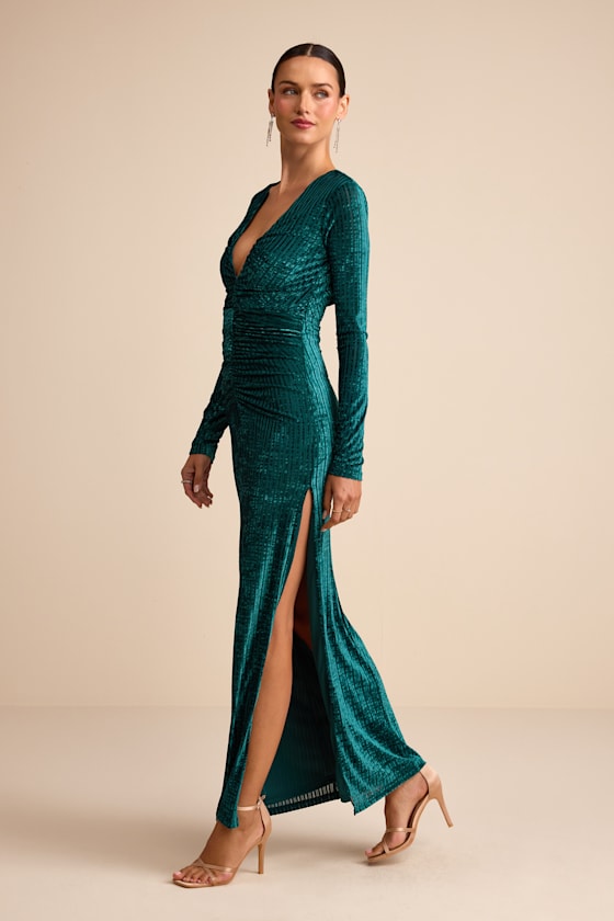Demaline Emerald Velvet Striped Backless Maxi Dress