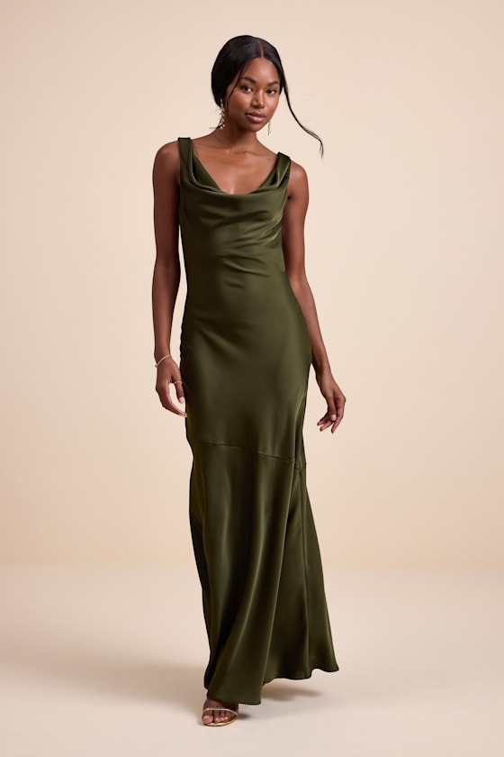 Aernah Olive Satin Cowl Tie-Back Slip Maxi Dress