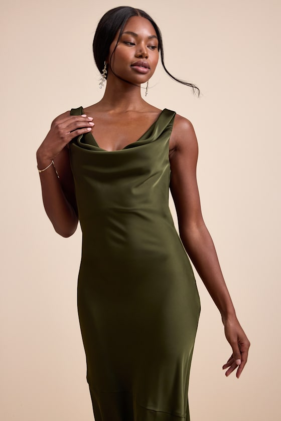 Aernah Olive Satin Cowl Tie-Back Slip Maxi Dress