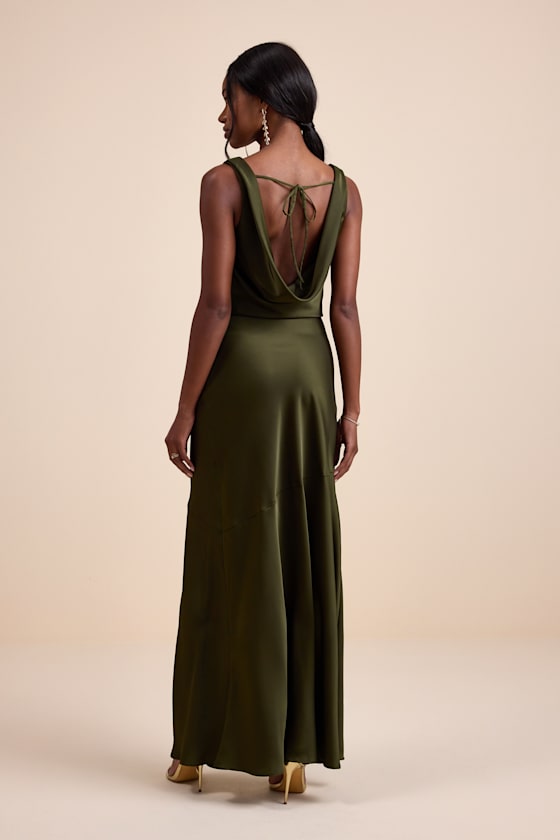 Aernah Olive Satin Cowl Tie-Back Slip Maxi Dress