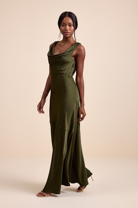 Aernah Olive Satin Cowl Tie-Back Slip Maxi Dress