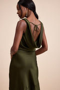 Aernah Olive Satin Cowl Tie-Back Slip Maxi Dress