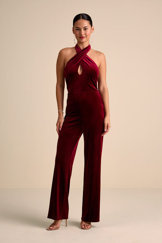 Yvania Burgundy Velvet Cross-Front Halter Jumpsuit