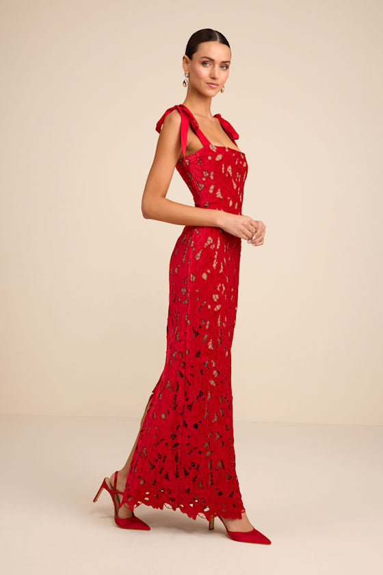 Ramsey Red Embroidered Tie-Strap Maxi Dress