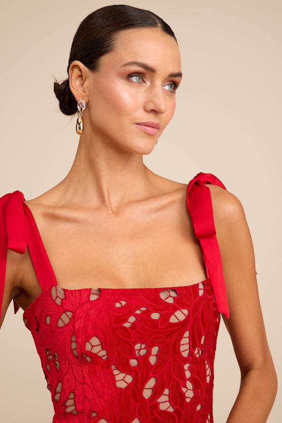 Ramsey Red Embroidered Tie-Strap Maxi Dress