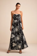 Tisdale Black and Silver Embroidered Strapless Maxi Dress