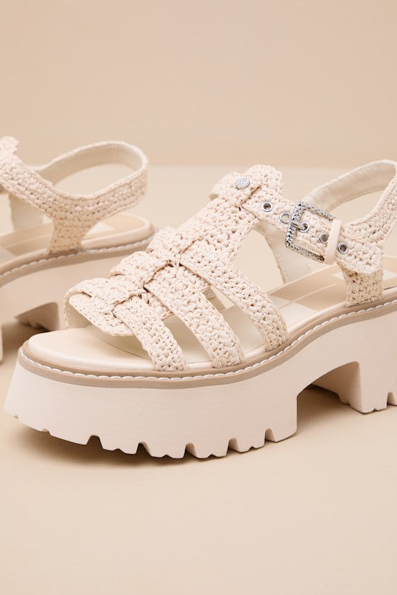 Latice Oatmeal Raffia Caged Platform Sandals