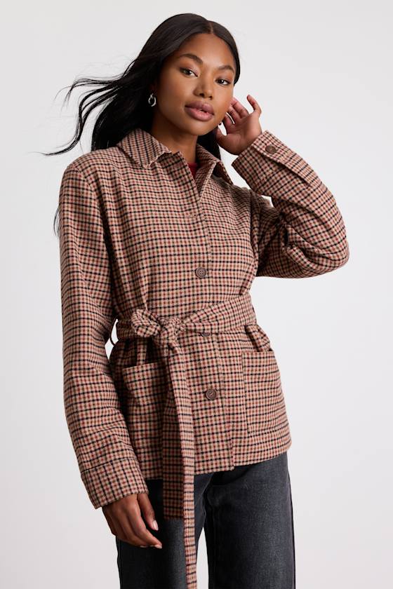 Kimley Beige Multi Plaid Belted Collared Jacket