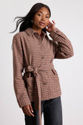 Kimley Beige Multi Plaid Belted Collared Jacket