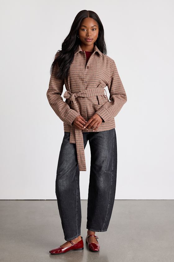 Kimley Beige Multi Plaid Belted Collared Jacket