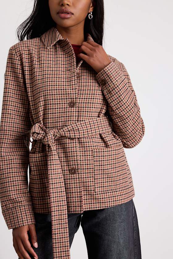 Kimley Beige Multi Plaid Belted Collared Jacket