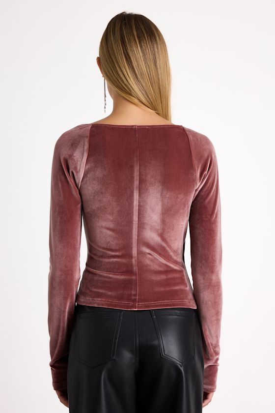 Tati Dark Mauve Velvet Surplice Long Sleeve Top