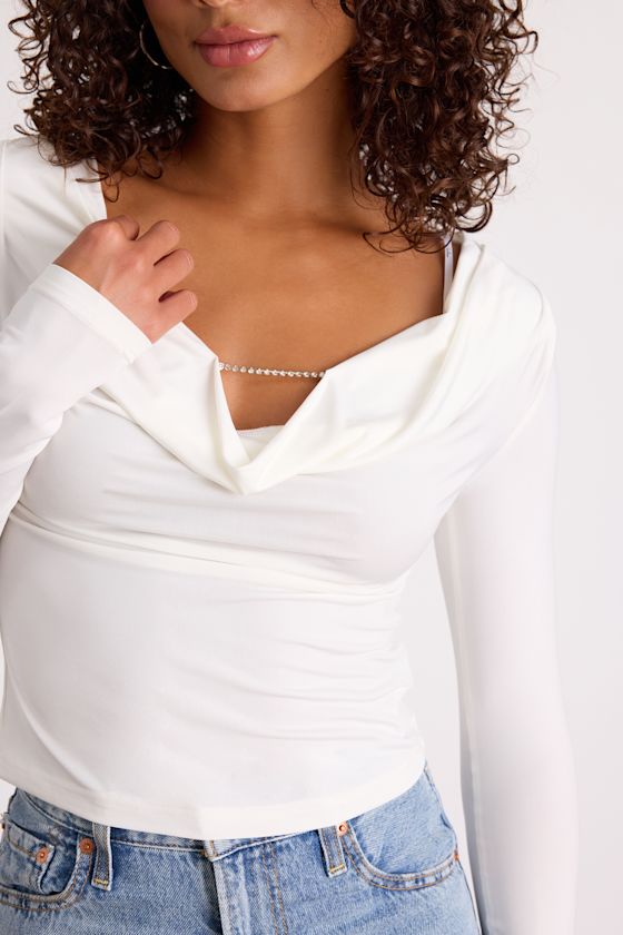 Zeffie White Cowl Neck Rhinestone Long Sleeve Top
