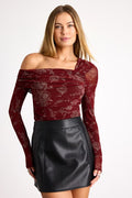 Melonie Dark Red Floral Mesh Asymmetrical Top
