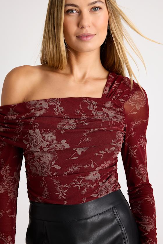 Melonie Dark Red Floral Mesh Asymmetrical Top
