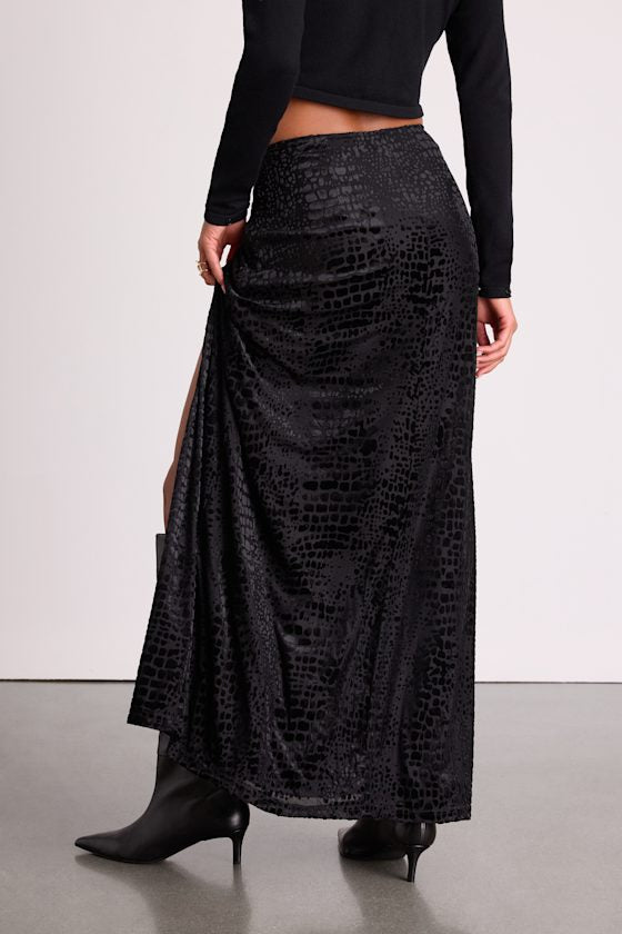 Ashworth Black Burnout Velvet Mid-Rise Maxi Skirt