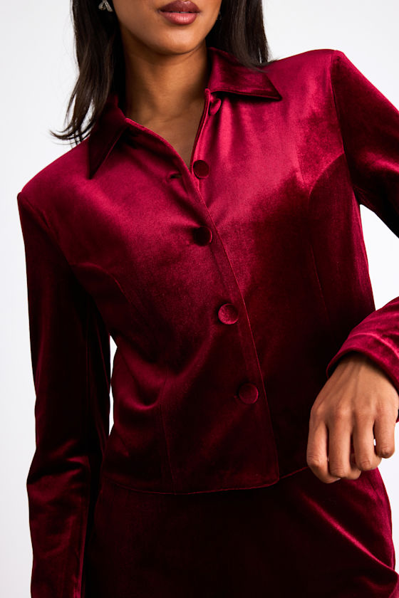 Bettany Dark Red Velvet Button-Front Collared Jacket