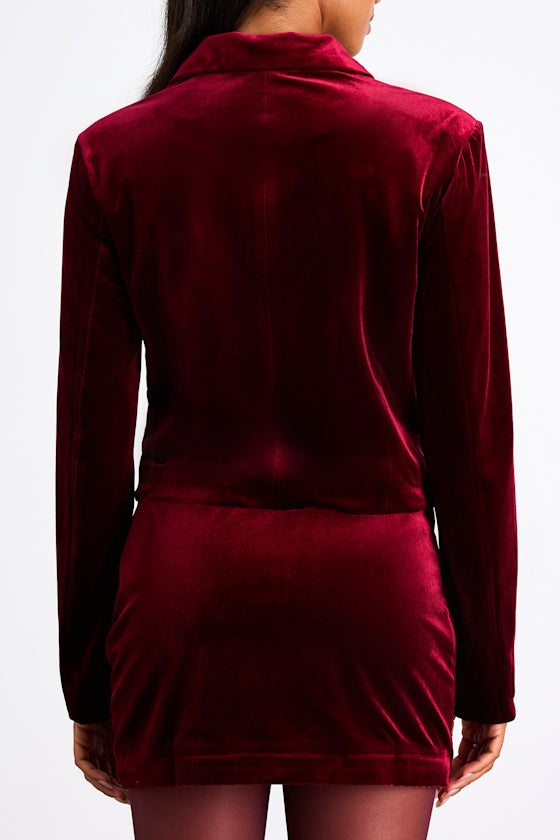 Bettany Dark Red Velvet Button-Front Collared Jacket