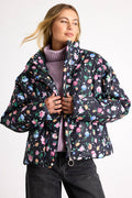 Linaya Black Floral Zip-Front Puffer Jacket