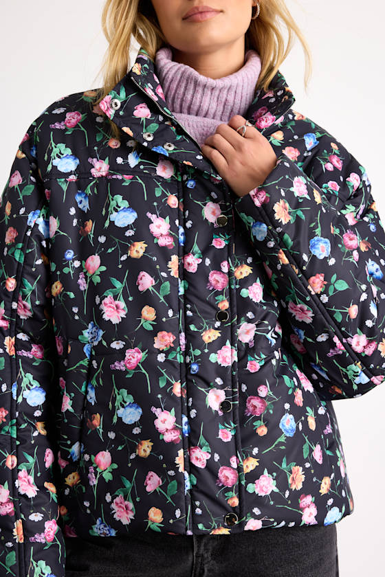Linaya Black Floral Zip-Front Puffer Jacket