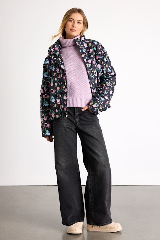 Linaya Black Floral Zip-Front Puffer Jacket