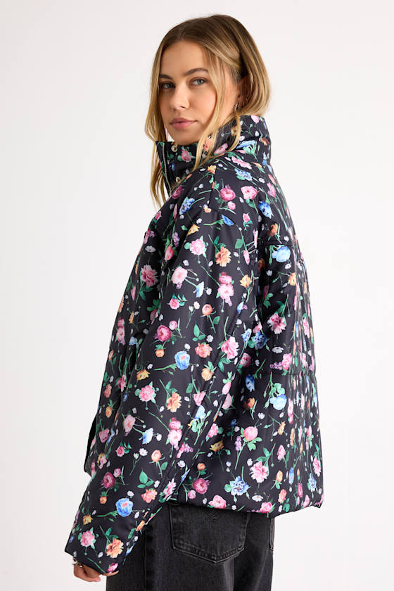 Linaya Black Floral Zip-Front Puffer Jacket