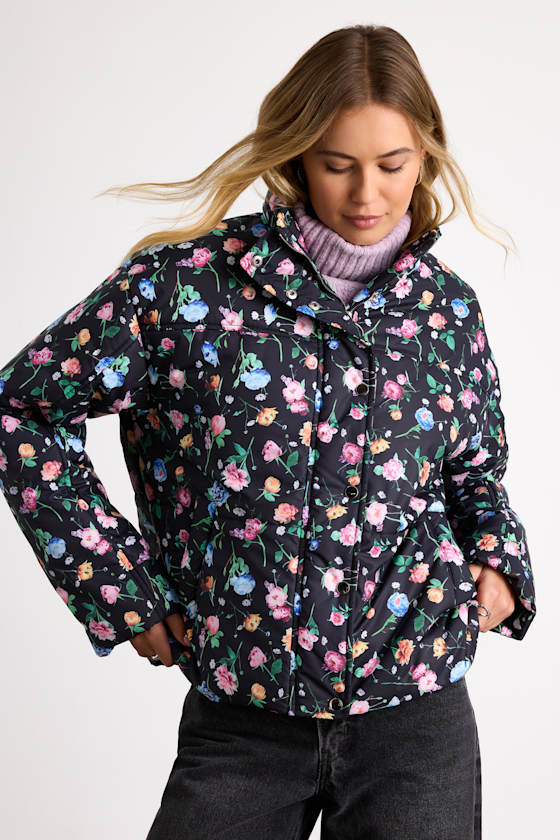 Linaya Black Floral Zip-Front Puffer Jacket