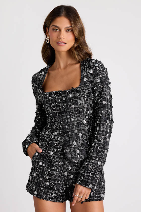 Marcie Black Tweed Lurex Sequin Applique Blazer