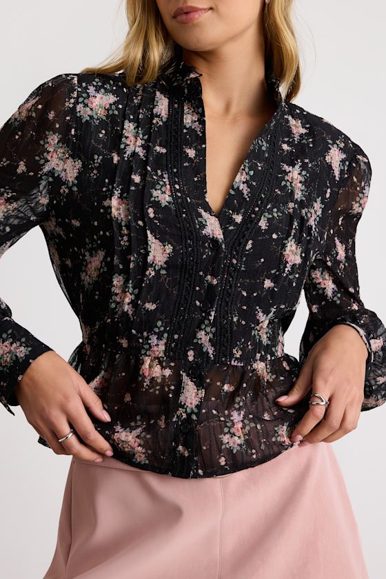 Odeliah Black Floral Crochet Lace Button-Front Long Sleeve Top