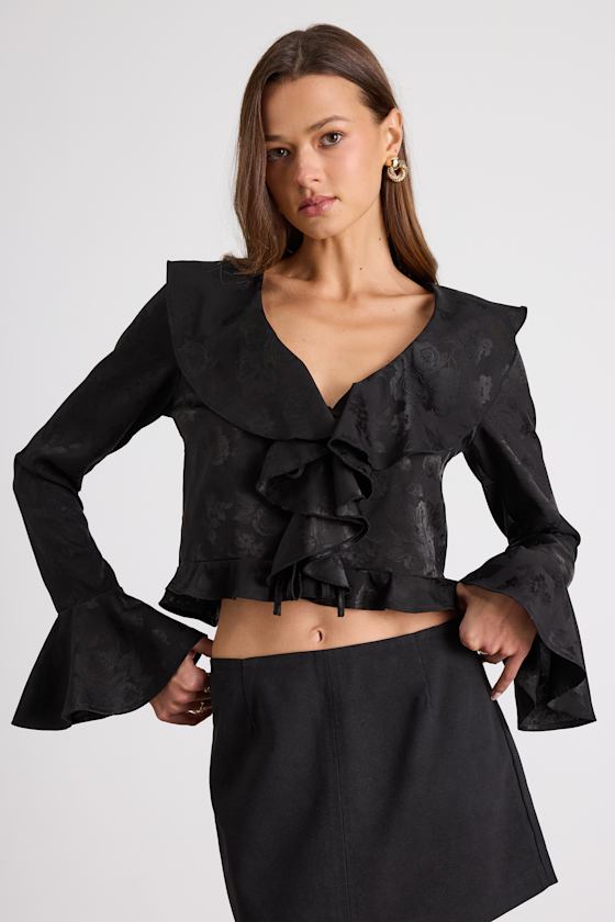 Esmina Black Jacquard Ruffled Tie-Front Top