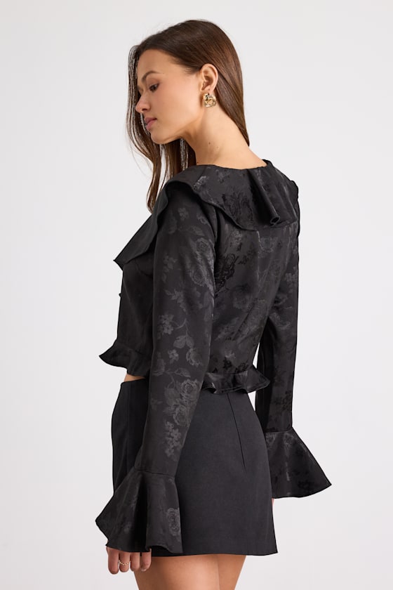 Esmina Black Jacquard Ruffled Tie-Front Top