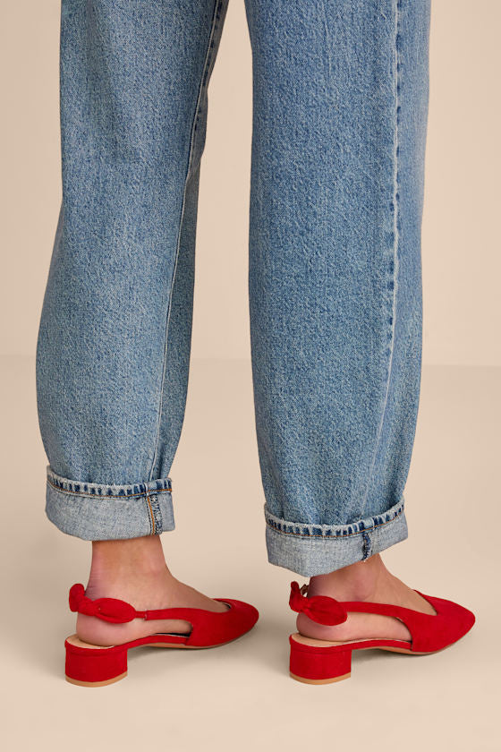 Laylaa Red Suede Bow Slingback Low Heel Pumps