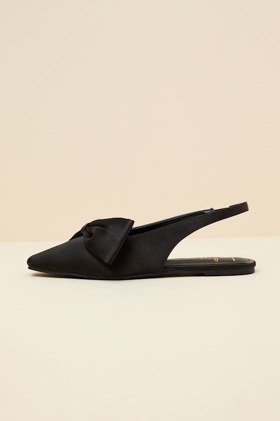Kyleigh Black Satin Bow Slingback Flats