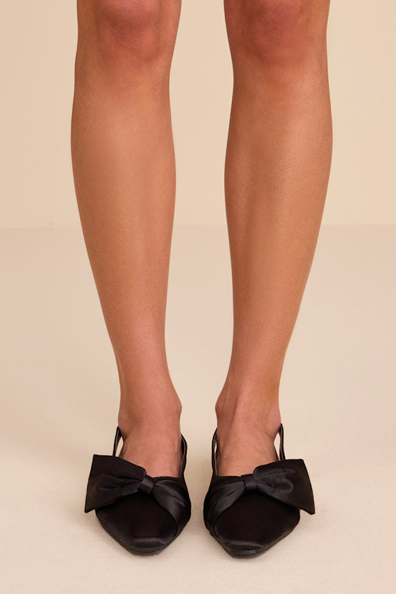 Kyleigh Black Satin Bow Slingback Flats