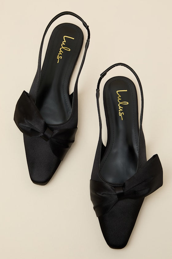Kyleigh Black Satin Bow Slingback Flats