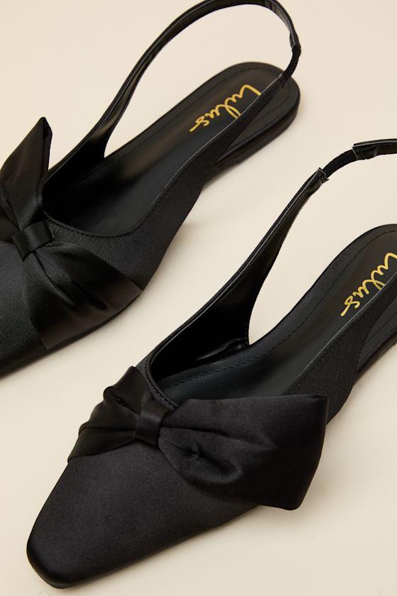 Kyleigh Black Satin Bow Slingback Flats