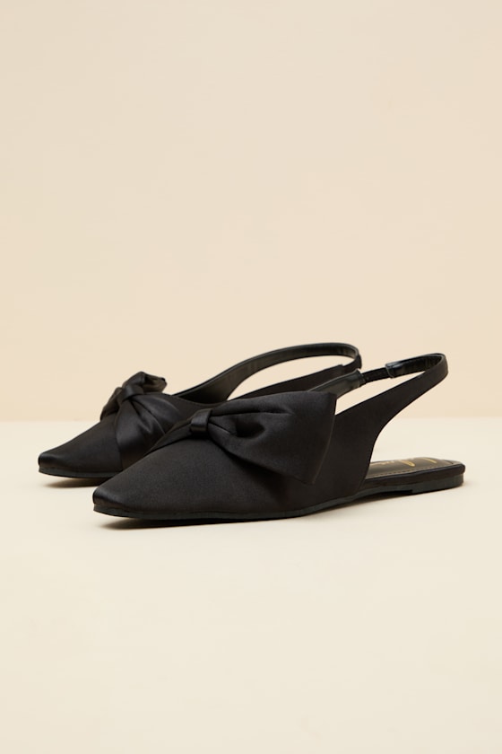 Kyleigh Black Satin Bow Slingback Flats