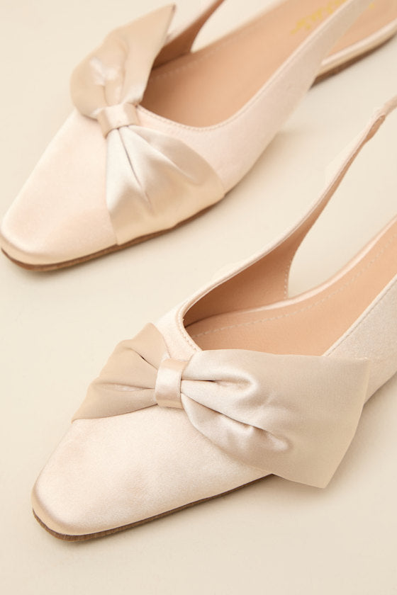 Kyleigh Champagne Satin Bow Slingback Flats