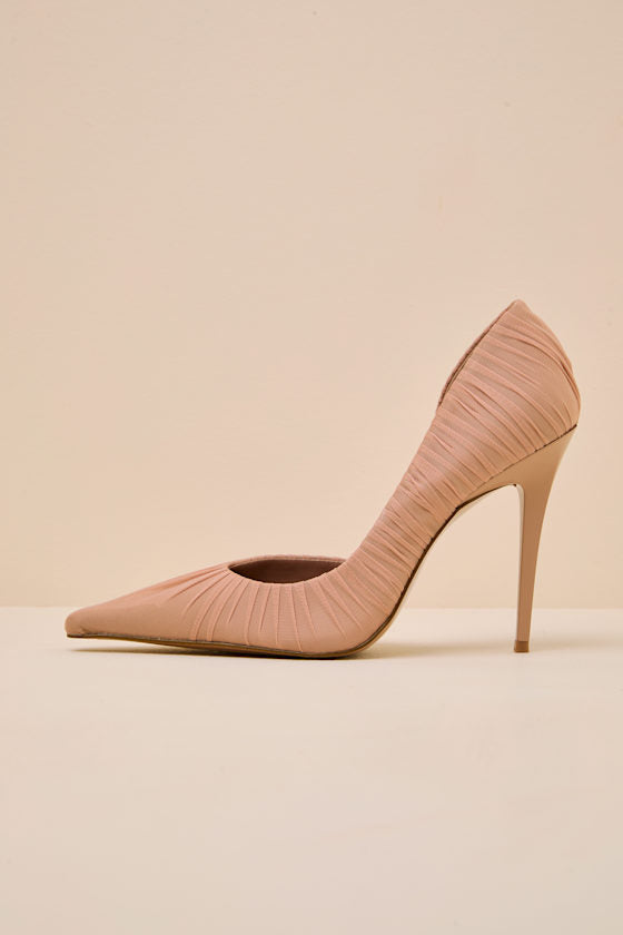 Elegant Mocha Mesh Ruched Pointed-Toe D'Orsay Pumps