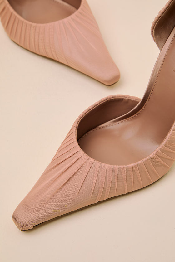 Elegant Mocha Mesh Ruched Pointed-Toe D'Orsay Pumps
