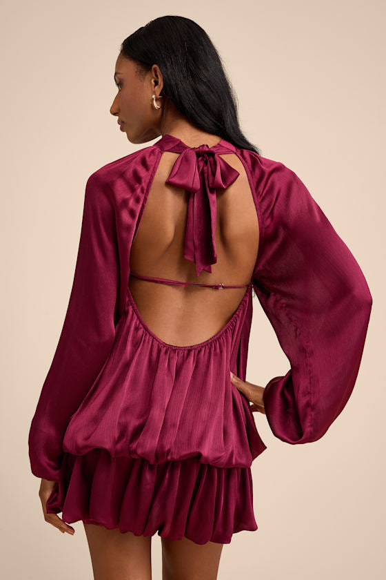 Nagaina Burgundy Satin Drop Waist Bubble-Hem Mini Dress